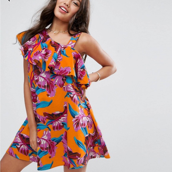 ASOS Dresses & Skirts - ASOS One Shoulder Ruffle Bright Tropical Sundress 18